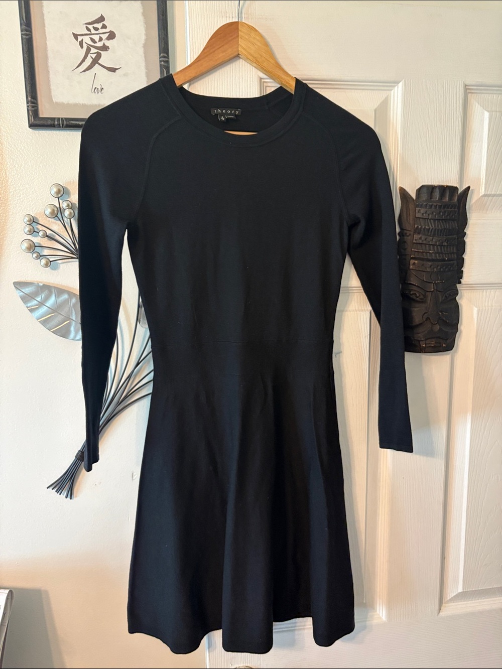 Theory Black Long-Sleeve Fit-and-Flare Dress